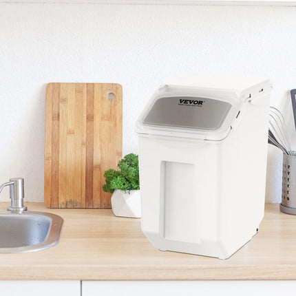 Ingredient Storage Bin, 2 x 15L Dispenser Bin with 2 Measuring Cups, Attachable Casters and Airtight Lid, 2 Pcs/Set Dog Pet Food Storage Container, PP Material Kitchen Rice Cereal Flour Bin.