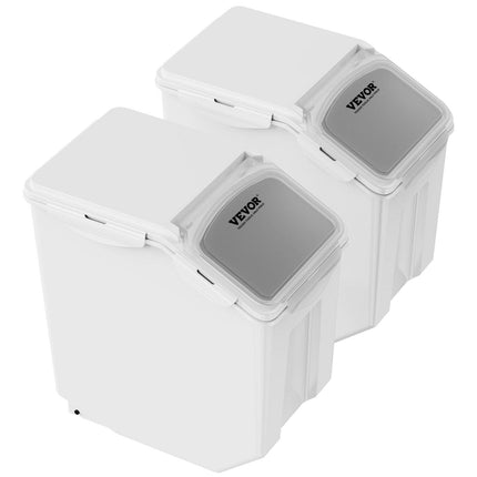 Ingredient Storage Bin, 2 x 15L Dispenser Bin with 2 Measuring Cups, Attachable Casters and Airtight Lid, 2 Pcs/Set Dog Pet Food Storage Container, PP Material Kitchen Rice Cereal Flour Bin.