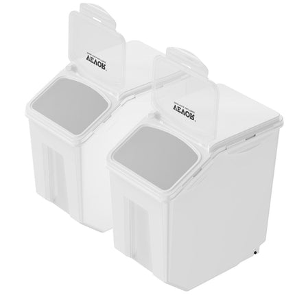 Ingredient Storage Bin, 2 x 15L Dispenser Bin with 2 Measuring Cups, Attachable Casters and Airtight Lid, 2 Pcs/Set Dog Pet Food Storage Container, PP Material Kitchen Rice Cereal Flour Bin.