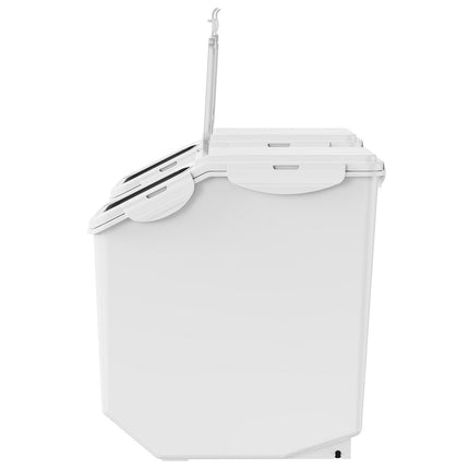 Ingredient Storage Bin, 2 x 15L Dispenser Bin with 2 Measuring Cups, Attachable Casters and Airtight Lid, 2 Pcs/Set Dog Pet Food Storage Container, PP Material Kitchen Rice Cereal Flour Bin.