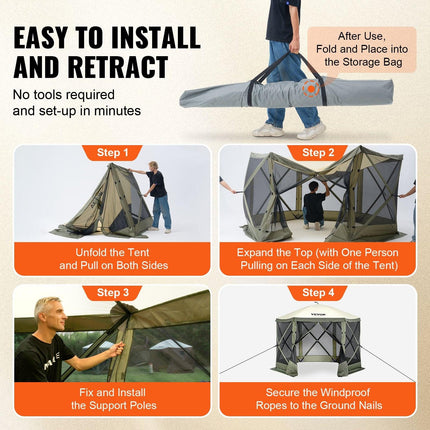 Pop Up Gazebo Tent, Pop-Up Screen Tent 6 Sided Canopy Sun Shelter with 6 Removable Privacy Wind Cloths & Mesh Windows, 10x10FT Quick Set Screen Tent with Mosquito Netting, Army Green.