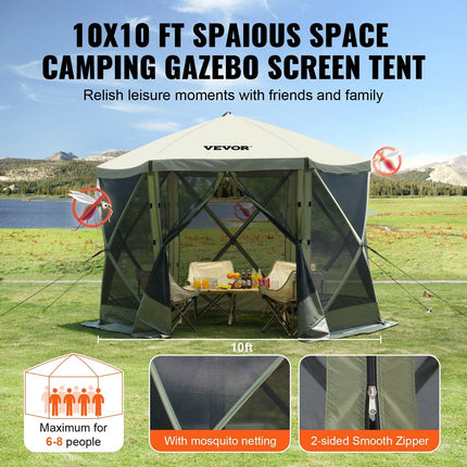 Pop Up Gazebo Tent, Pop-Up Screen Tent 6 Sided Canopy Sun Shelter with 6 Removable Privacy Wind Cloths & Mesh Windows, 10x10FT Quick Set Screen Tent with Mosquito Netting, Army Green.