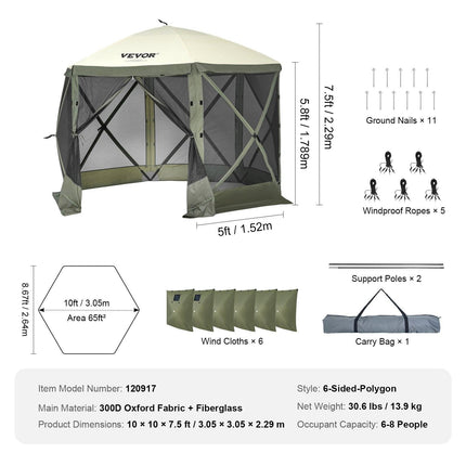 Pop Up Gazebo Tent, Pop-Up Screen Tent 6 Sided Canopy Sun Shelter with 6 Removable Privacy Wind Cloths & Mesh Windows, 10x10FT Quick Set Screen Tent with Mosquito Netting, Army Green.