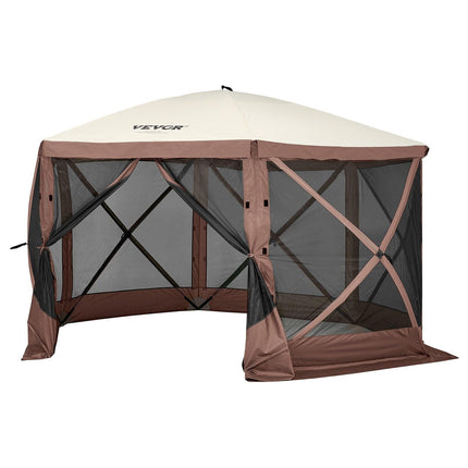 Pop Up Gazebo Tent, Pop-Up Screen Tent 6 Sided Canopy Sun Shelter with 6 Removable Privacy Wind Cloths & Mesh Windows, 11.5x11.5FT Quick Set Screen Tent with Mosquito Netting, Brown.
