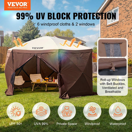 Pop Up Gazebo Tent, Pop-Up Screen Tent 6 Sided Canopy Sun Shelter with 6 Removable Privacy Wind Cloths & Mesh Windows, 11.5x11.5FT Quick Set Screen Tent with Mosquito Netting, Brown.