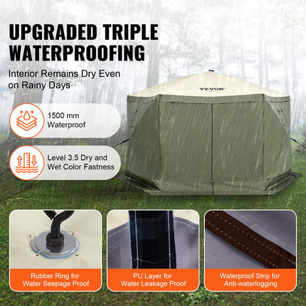 Pop Up Gazebo Tent, Pop-Up Screen Tent 6 Sided Canopy Sun Shelter with 6 Removable Privacy Wind Cloths & Mesh Windows, 12x12FT Quick Set Screen Tent with Mosquito Netting, Army Green.