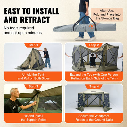 Pop Up Gazebo Tent, Pop-Up Screen Tent 6 Sided Canopy Sun Shelter with 6 Removable Privacy Wind Cloths & Mesh Windows, 12x12FT Quick Set Screen Tent with Mosquito Netting, Army Green.