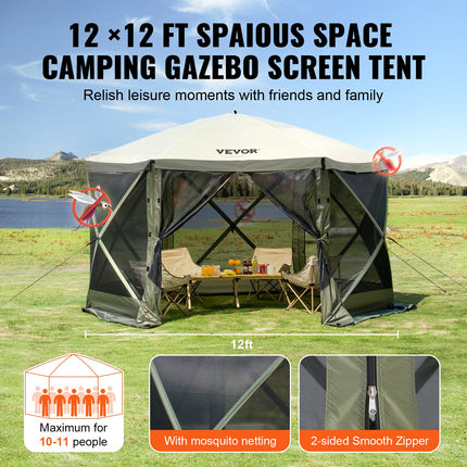 Pop Up Gazebo Tent, Pop-Up Screen Tent 6 Sided Canopy Sun Shelter with 6 Removable Privacy Wind Cloths & Mesh Windows, 12x12FT Quick Set Screen Tent with Mosquito Netting, Army Green.