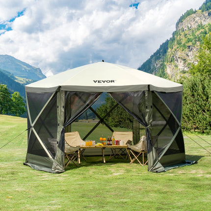 Pop Up Gazebo Tent, Pop-Up Screen Tent 6 Sided Canopy Sun Shelter with 6 Removable Privacy Wind Cloths & Mesh Windows, 12x12FT Quick Set Screen Tent with Mosquito Netting, Army Green.