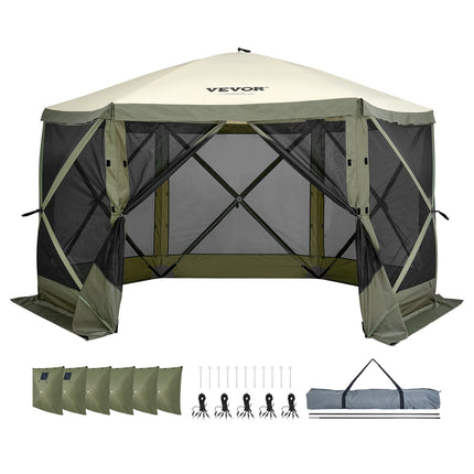 Pop Up Gazebo Tent, Pop-Up Screen Tent 6 Sided Canopy Sun Shelter with 6 Removable Privacy Wind Cloths & Mesh Windows, 12x12FT Quick Set Screen Tent with Mosquito Netting, Army Green.