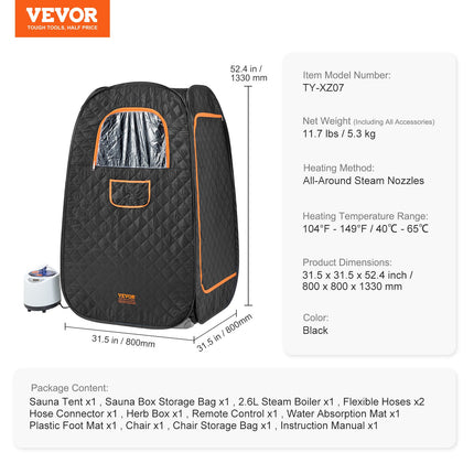 1000W Personal Steam Sauna Tent Loss Weight Detox Therapy Spa Compact, 800 x 800 x 1330 mm.