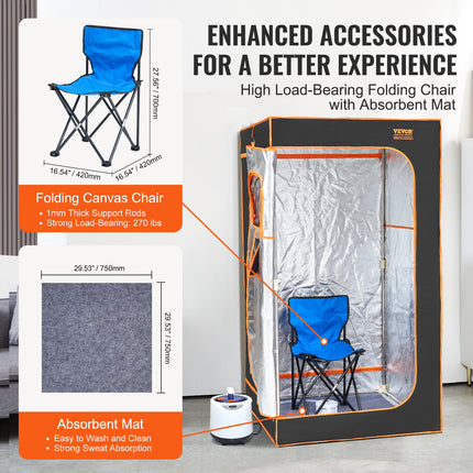 Portable Steam Sauna Tent Full Size 1000W Personal Sauna Blanket W/ Chair, 880 x 880 x 1600 mm.
