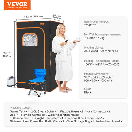 Portable Steam Sauna Tent Full Size 1000W Personal Sauna Blanket W/ Chair, 880 x 880 x 1600 mm.