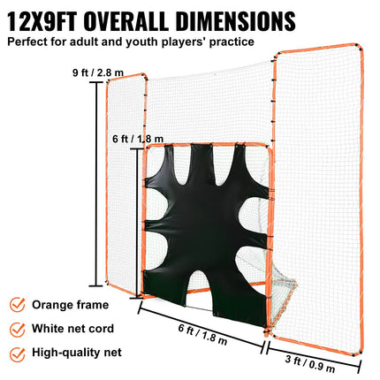 3-IN-1 Lacrosse Goal with Backstop and Target,3.7mx2.7m Lacrosse Net, Steel Frame Backyard Lacrosse Rebounder Equipment, Quick & Easy Setup Training Net, Perfect for Youth Adult Training, Orange.