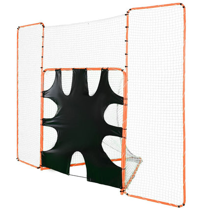 3-IN-1 Lacrosse Goal with Backstop and Target,3.7mx2.7m Lacrosse Net, Steel Frame Backyard Lacrosse Rebounder Equipment, Quick & Easy Setup Training Net, Perfect for Youth Adult Training, Orange.