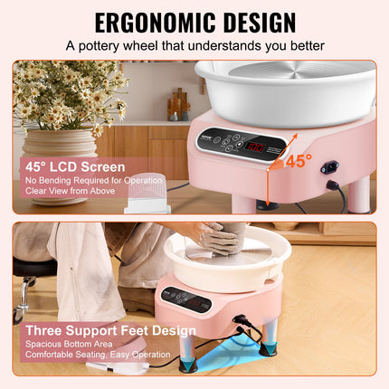 Pottery Wheel, 10 inch Pottery Forming Machine, 350W Electric Wheel for Pottery with Foot Pedal and LCD Touch Screen, Direct Drive Ceramic Wheel with 3 Support Legs for DIY Art Craft, Pink.