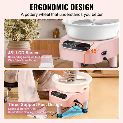 Pottery Wheel, 11 inch Pottery Forming Machine, 450W Electric Wheel for Pottery with Foot Pedal and LCD Touch Screen, Direct Drive Ceramic Wheel with 3 Support Legs for DIY Art Craft, Pink.
