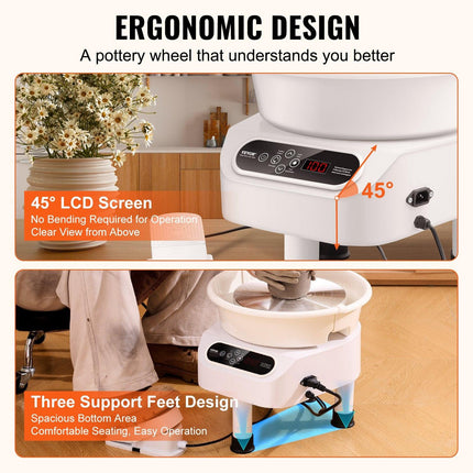 Pottery Wheel, 11 inch Pottery Forming Machine, 450W Electric Wheel for Pottery with Foot Pedal and LCD Touch Screen, Direct Drive Ceramic Wheel with 3 Support Legs for DIY Art Craft, White.