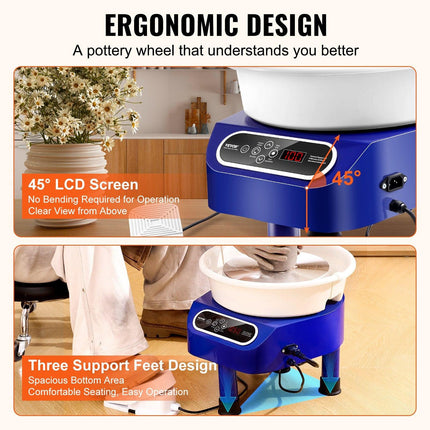 Pottery Wheel, 11 inch Pottery Forming Machine, 450W Electric Wheel for Pottery with Foot Pedal and LCD Touch Screen, Direct Drive Ceramic Wheel with 3 Support Legs for DIY Art Craft, Blue.