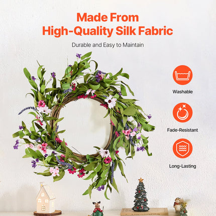 Artificial Decorative Wreath 55.88 cm Pink Green with Daisies Year Round.