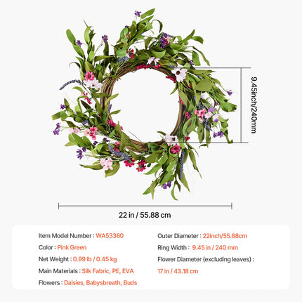 Artificial Decorative Wreath 55.88 cm Pink Green with Daisies Year Round.