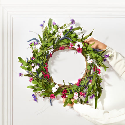 Artificial Decorative Wreath 55.88 cm Pink Green with Daisies Year Round.