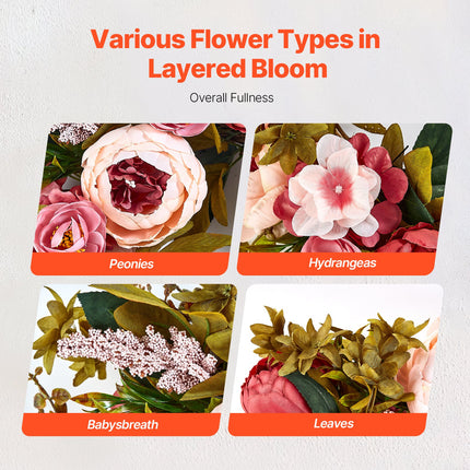 Artificial Decorative Wreath 48.26 cm Pink Peonies Hydrangeas Year Round.