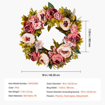 Artificial Decorative Wreath 48.26 cm Pink Peonies Hydrangeas Year Round.