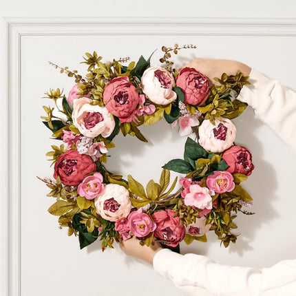 Artificial Decorative Wreath 48.26 cm Pink Peonies Hydrangeas Year Round.