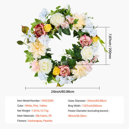 Artificial Decorative Wreath 60.96 cm White Pink Yellow Peonies Hydrangeas.