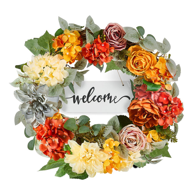 Artificial Decorative Wreath 60.96 cm Red Orange Yellow Hydrangeas Roses.