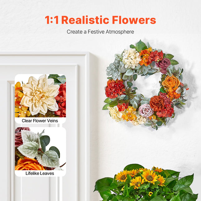Artificial Decorative Wreath 60.96 cm Red Orange Yellow Hydrangeas Roses.