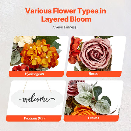 Artificial Decorative Wreath 60.96 cm Red Orange Yellow Hydrangeas Roses.
