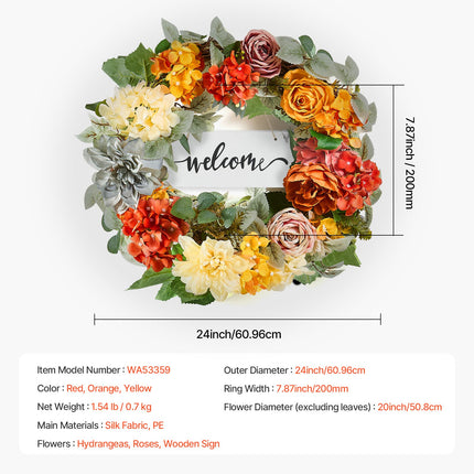 Artificial Decorative Wreath 60.96 cm Red Orange Yellow Hydrangeas Roses.