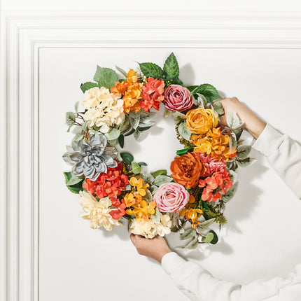 Artificial Decorative Wreath 60.96 cm Red Orange Yellow Hydrangeas Roses.