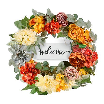 Artificial Decorative Wreath 60.96 cm Red Orange Yellow Hydrangeas Roses.