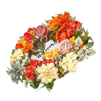 Artificial Decorative Wreath 60.96 cm Red Orange Yellow Hydrangeas Roses.