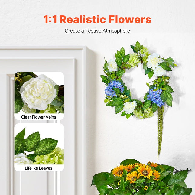 Artificial Decorative Wreath 58.42 cm Blue White Green Hydrangeas Roses.
