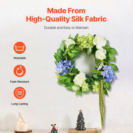Artificial Decorative Wreath 58.42 cm Blue White Green Hydrangeas Roses.