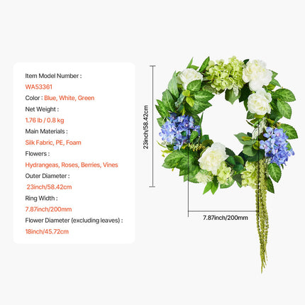Artificial Decorative Wreath 58.42 cm Blue White Green Hydrangeas Roses.