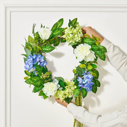 Artificial Decorative Wreath 58.42 cm Blue White Green Hydrangeas Roses.
