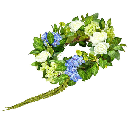 Artificial Decorative Wreath 58.42 cm Blue White Green Hydrangeas Roses.