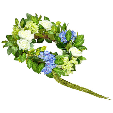 Artificial Decorative Wreath 58.42 cm Blue White Green Hydrangeas Roses.
