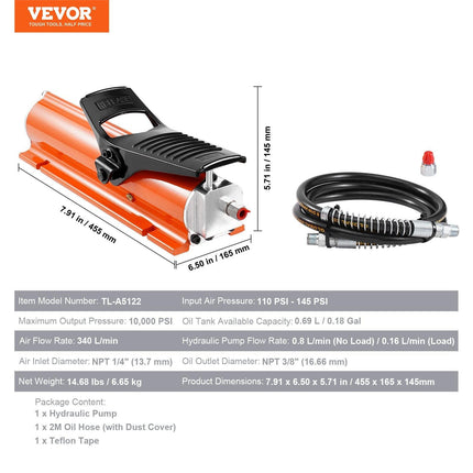 10,000PSI Air Hydraulic Pump, 0.18 Gal Reservoir, NPT 3/8 In Oil Outlet, NPT 1/4 In Inlet, Metal Shell Air Actuated Treadle Foot Pump, for Precision Industrial Machinery & Aerospace Equipment.