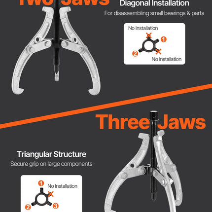 Gear Puller Set, 76.2 mm/101.6 mm/152.4 mm/203.2 mm 3 Jaw Bearing Puller with Reversible Jaws, 2 Jaw/3 Jaw Pulley Puller, 4 PCS Bearing Puller Tool Kit for Pulley Gear Bearing Flywheel Removal.