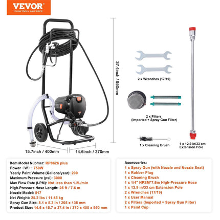 Stand Airless Paint Sprayer, 750W 3000PSI High Efficiency Electric Airless Sprayer With Cart, Fine And Even Painting Effect, Paint Sprayers for Home Interior and Exterior Furniture and Fences.