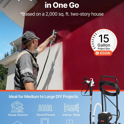Stand Airless Paint Sprayer, 650W, 3000PSI High Pressure Airless Sprayer with Cart, Cleaning Brush, Hose, Extension Rod, Nozzles, Electric Spray Paint Machine for House Exterior and Interior.