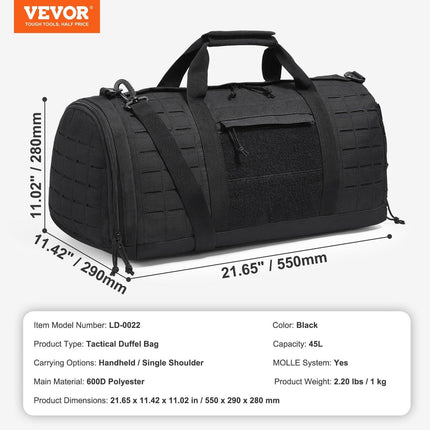 Tactical Duffle Bag 45L Gym Bag Duffle Molle Design & Shoe Compartment.