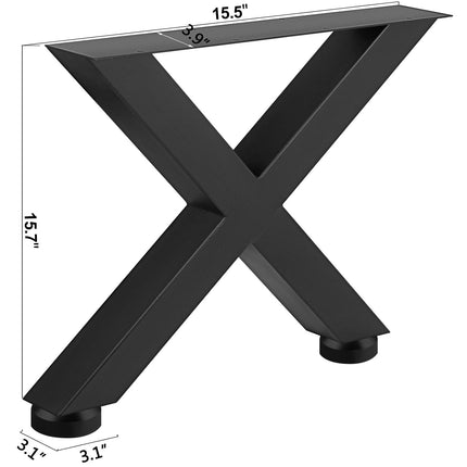Set of 2 Steel Table Legs, 16'Height 15'Wide Dining Table Legs, Heavy Duty 3.1" Square Box Section X Frame Table Legs, 16x15x3.1 Inch Black Color Industrial Country Style Metal Dining Legs.