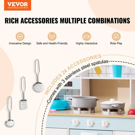VEVOR Kitchen Playset Kids Pretend Cooking Play Toy 24 Piece Accessories White.